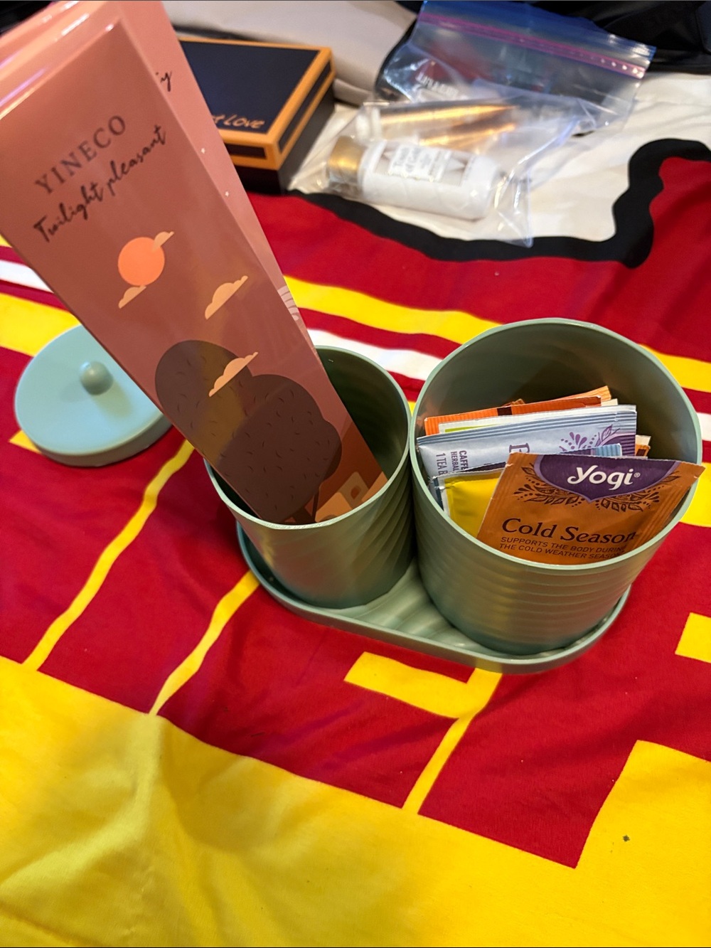 Mint Green Double Canister Organizer with Lid and incense and tea to relax